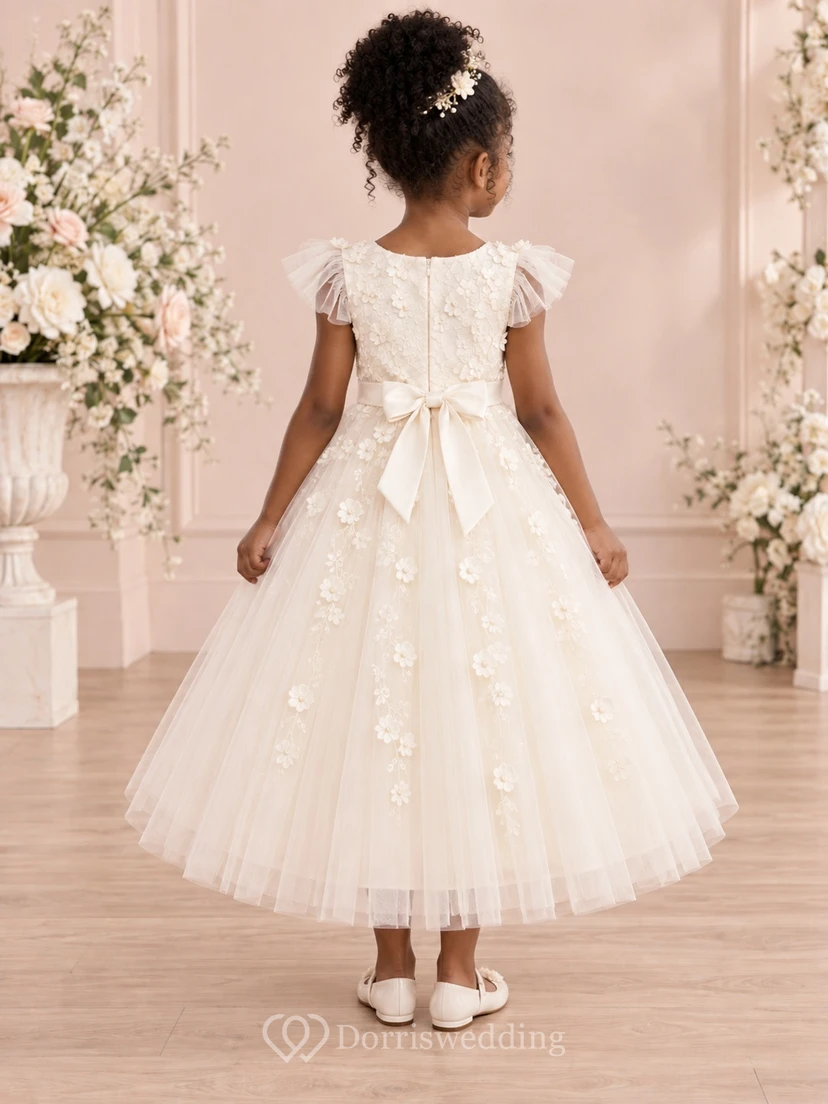 Tea-length Ivory A-line Floral Tulle Ruffle-sleeve Sashed Bow-back Flower Girl Dress view 2
