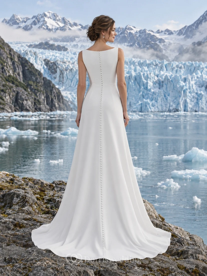 Vestido de novia moderno de crepé con escote barco y largo hasta el suelo con botones en la espalda view 2
