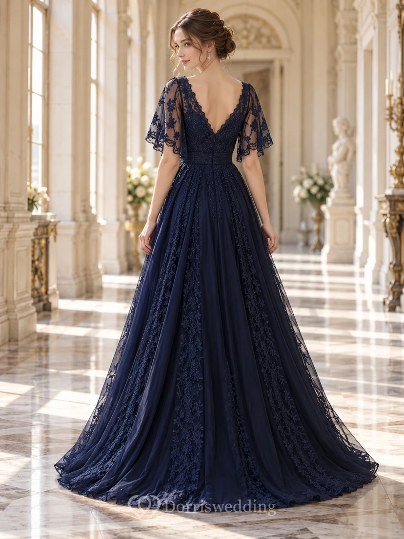 Dark Navy Gothic V-neck Flutter Sleeve Lace Evening Gown view 2