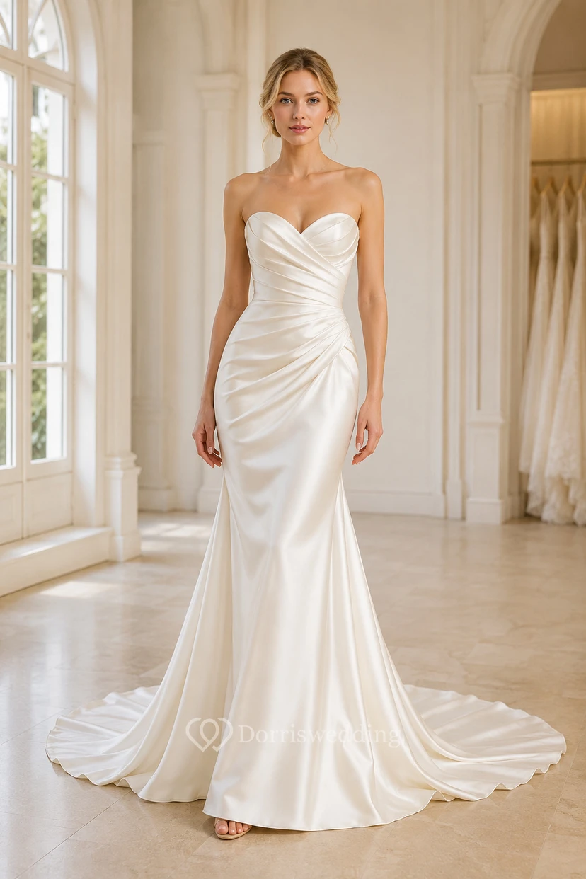 Satin Wedding Dress Mermaid Strapless Sweetheart Sweep Train Bridal Gown