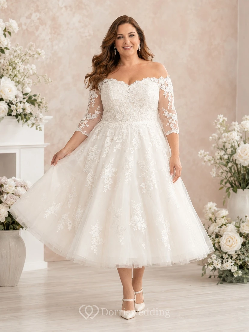 Romantisches Brautkleid in Übergröße aus Spitze, schulterfrei, Dreiviertelärmeln, Tüll, A-Linie und Teelänge