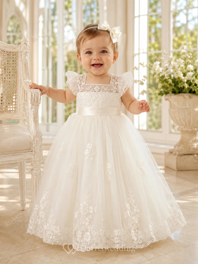 Christening Gown A-Line Tulle Lace Scoop Neck Short Sleeve Applique Skirt view 2
