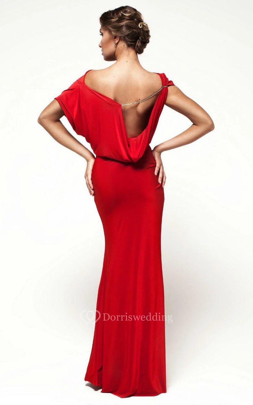 Off Shoulder Dropped Back Sheath Jersey Long Dress With Ruching view 3