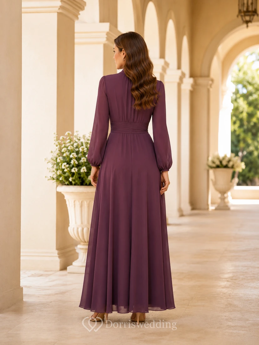 Plum Modest High Neck Long Sleeve Chiffon Floor Length A Line Dress view 2