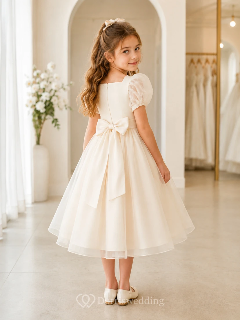 Klassisches A-Linien-Kleid aus Tüll mit Schleife für Blumenmädchen, kurzen Ärmeln, Rundhalsausschnitt, wadenlangem Rock und Schleifendetail. view 2