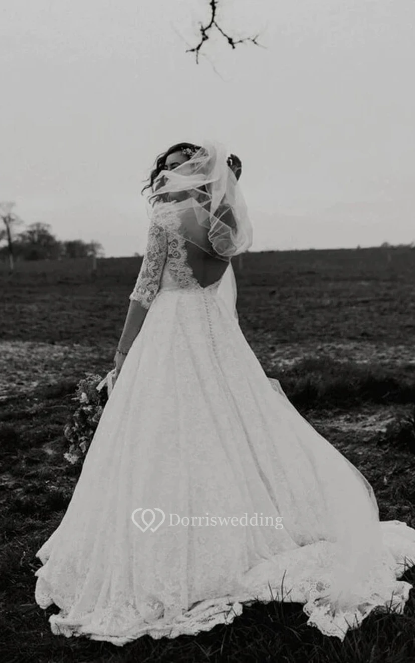 Vestido de novia modesto de corte A con escote redondo, mangas cortas y abertura en forma de ojo de cerradura. view 5