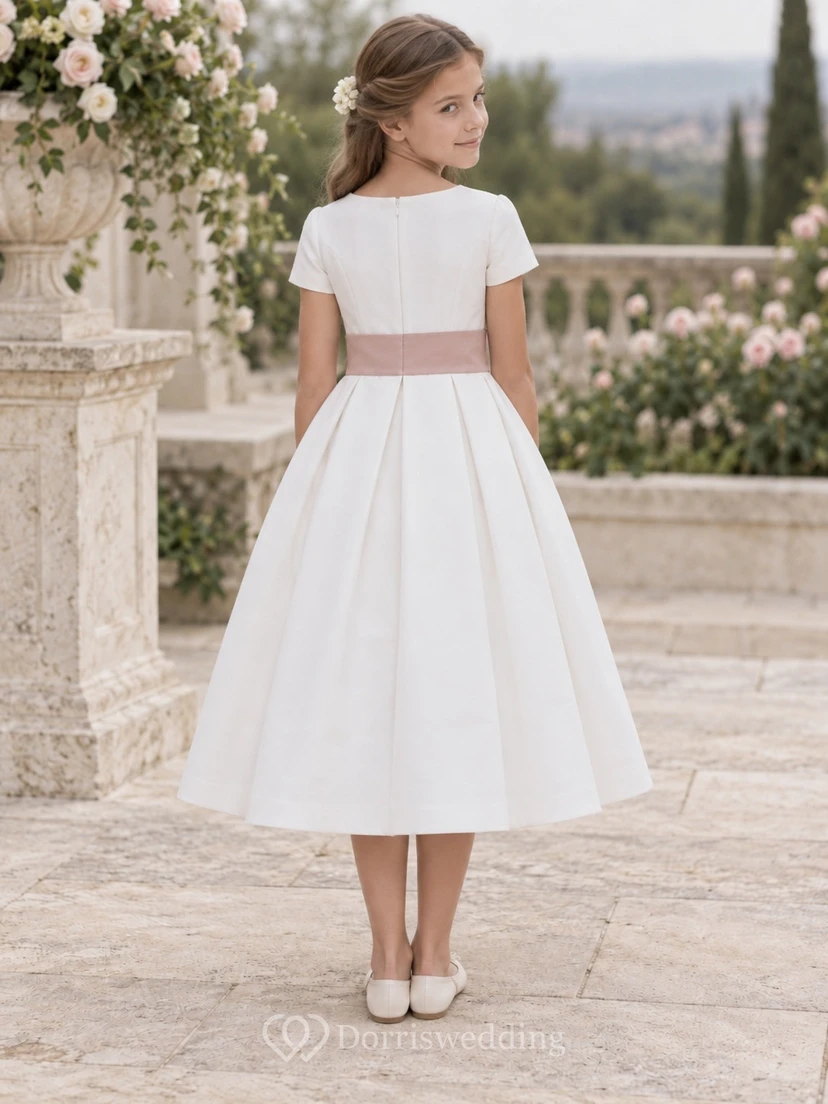 Simple Modest Tea-length White Bateau Short-sleeve Broad-pink-waisted Pleated Zipper-back Flower Girl Dress view 2