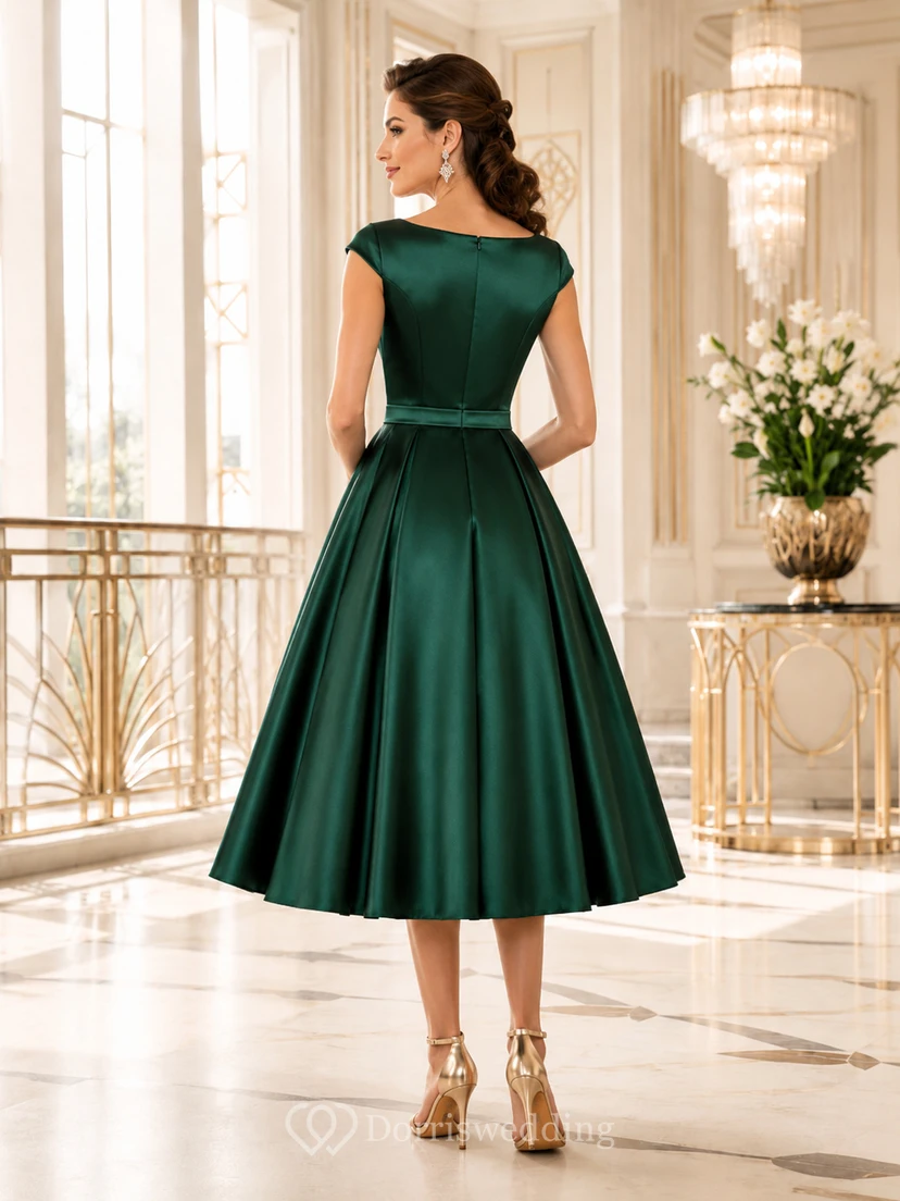 Smaragdgrünes, schlichtes, wadenlanges A-Linien-Cocktailkleid aus Satin mit U-Boot-Ausschnitt für Empfänge view 2