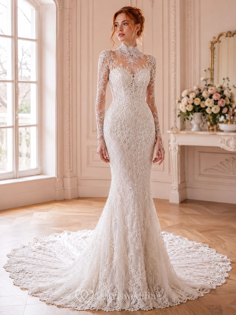 Robe de mariée sirène en dentelle illusion à col montant et manches longues, traîne cathédrale