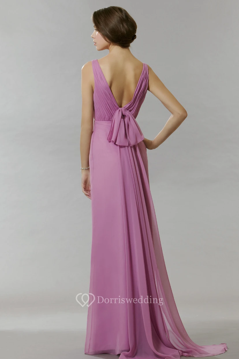 Ruched V-Neck Sleeveless Chiffon Bridesmaid Dress With Bow view 4