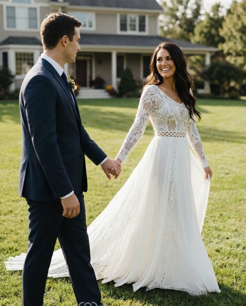 Vestido de novia clásico de encaje con mangas largas y falda de gasa en línea A.