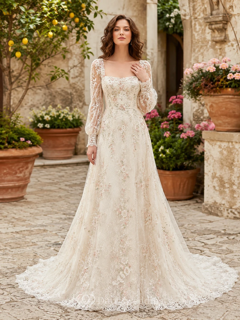 Long Sleeve Lace Square Neck Garden Courtyard Bridal Gown