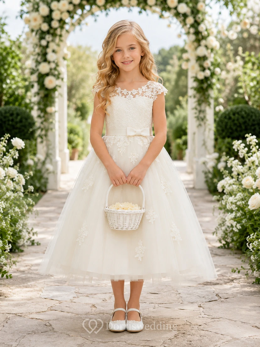 Vestido de niña de flores color marfil, romántico, largo hasta la rodilla, corte en A, mangas cortas con efecto ilusión, apliques de encaje, tul y lazo con botones.