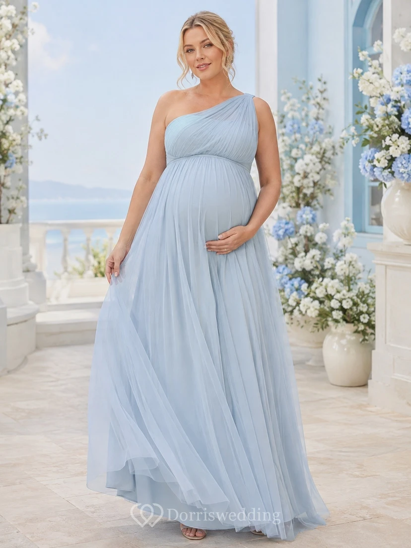 Maternity Romantic Mist One Shoulder Sleeveless Empire Pleated Tulle Dress
