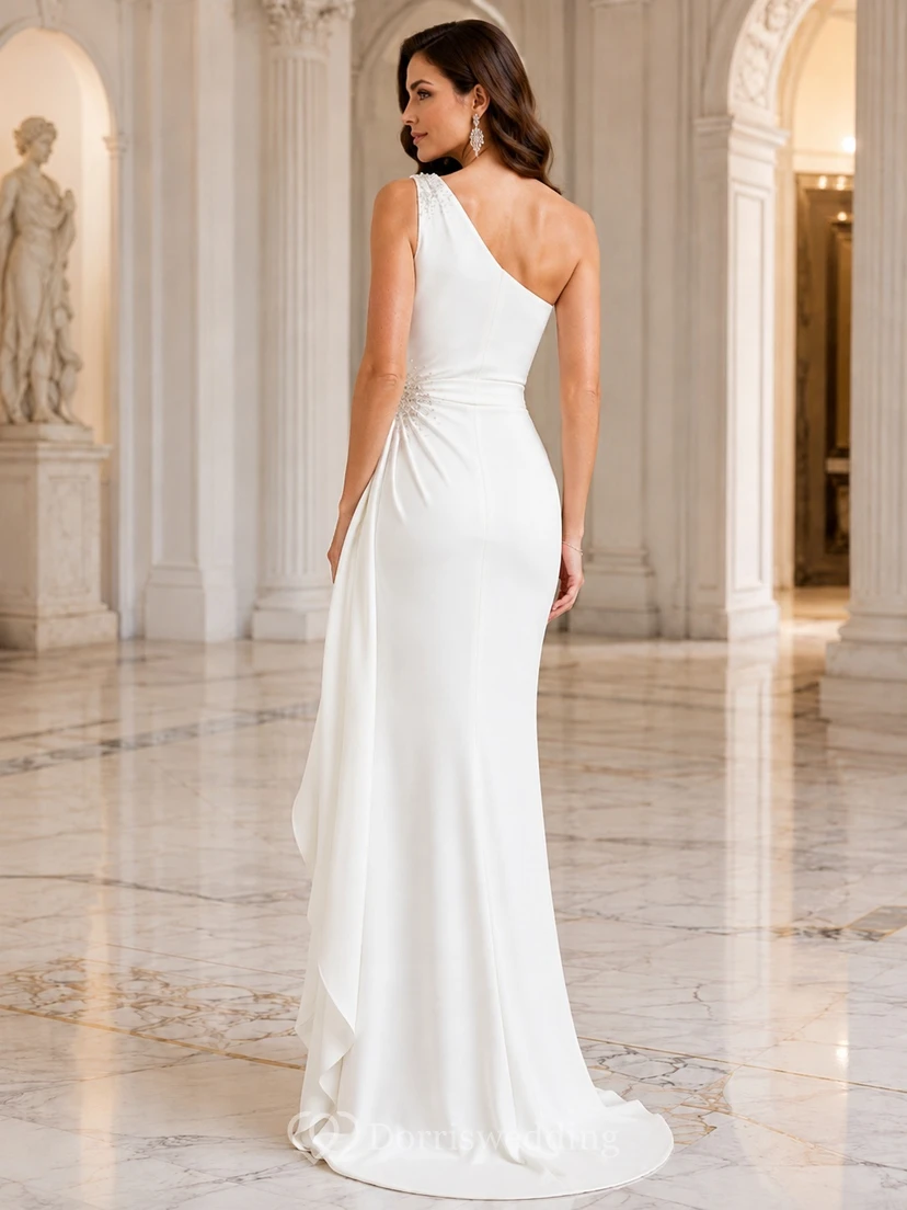 Modern One-Shoulder Satin Sheath Court Train Draped Elegant Wedding Gown view 2