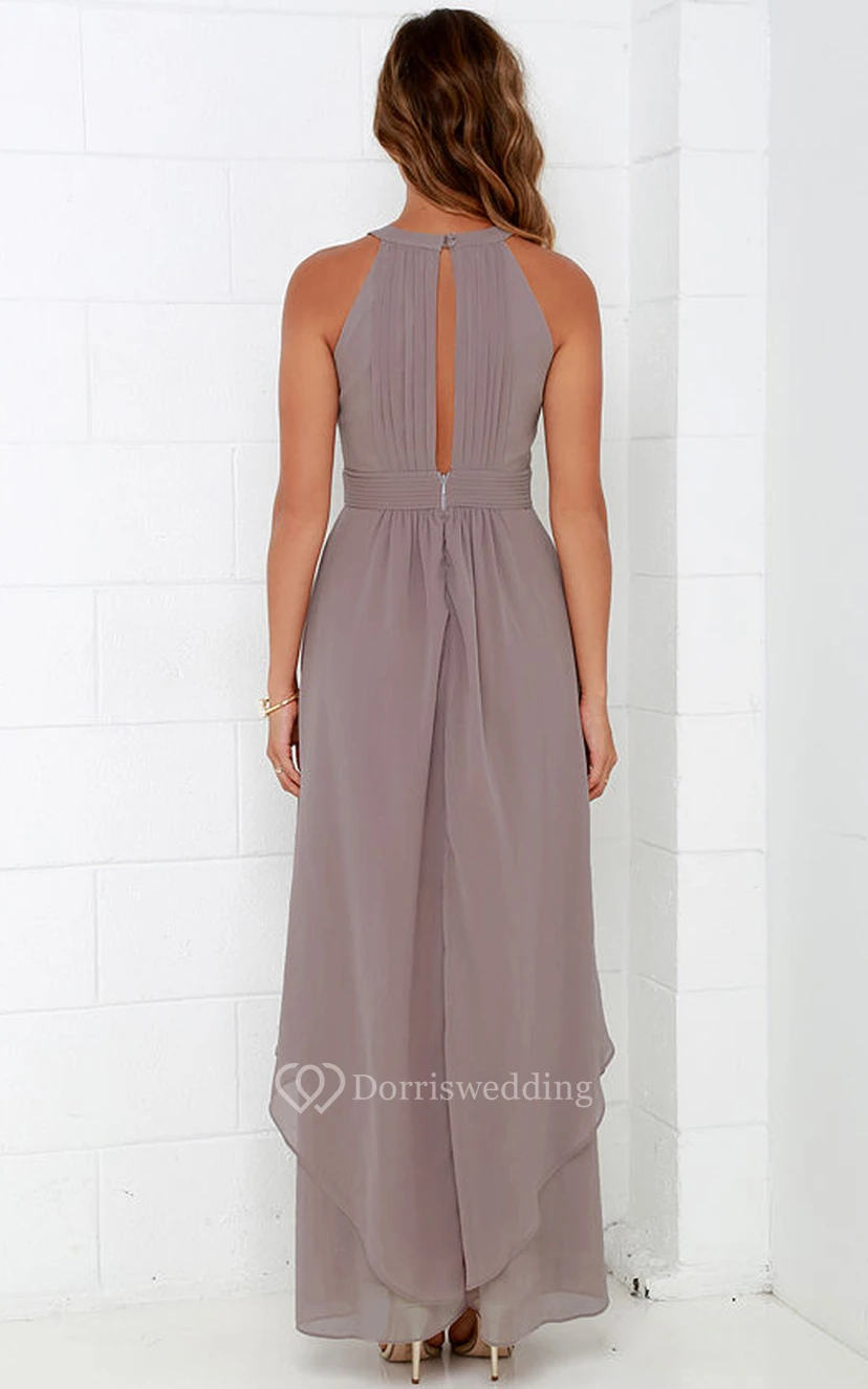 Elegant Burgundy Chiffon Halter Neck Evening Gown with Flowing High-Low Hem view 14