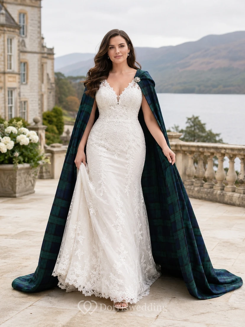 Schottisches Tartan-Cape-Ärmelloses Meerjungfrauen-Hochzeitskleid mit tiefem V-Ausschnitt und Spitze