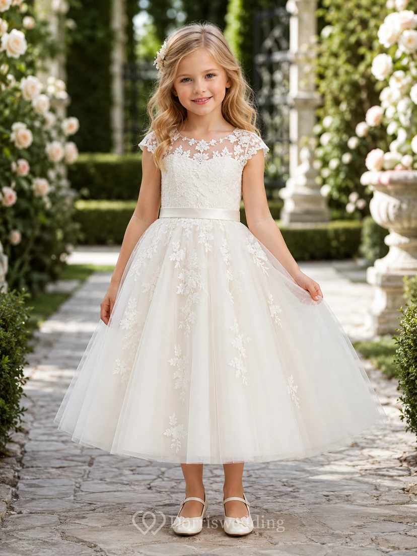 Lace Applique Tulle Flower Girl Dress with Cap Sleeves