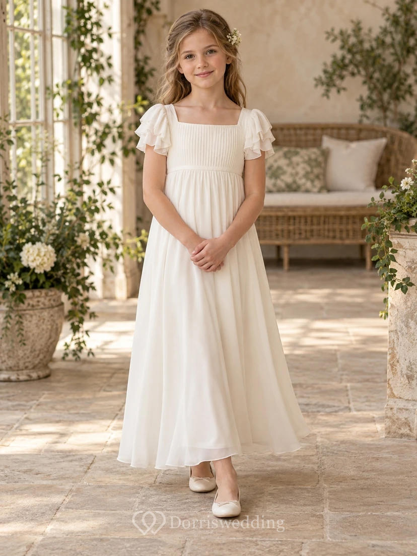 Square Neck Ivory Petal Sleeve Pleated Georgette A-line Flower Girl Dress