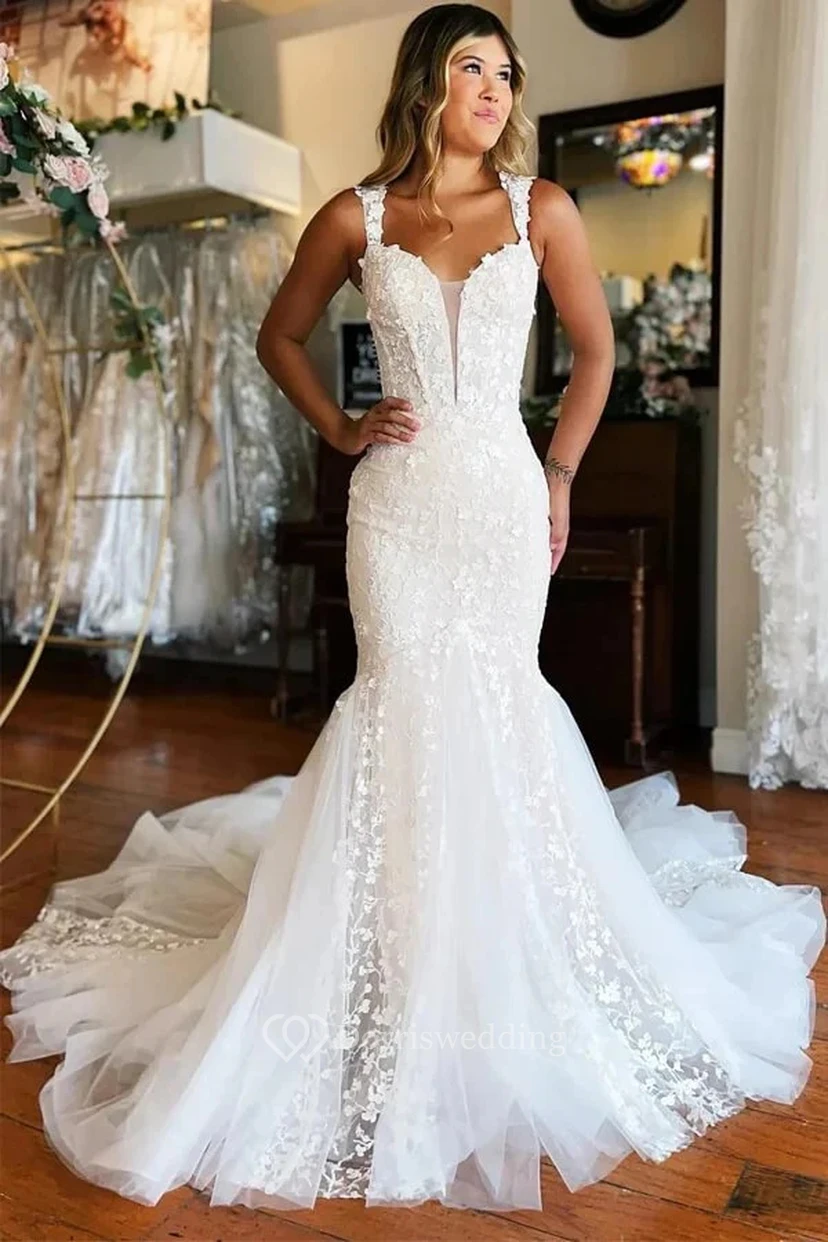 Lace Mermaid Queen Anne Tulle Low-v Back Wedding Dress
