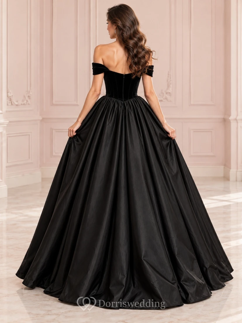 Black Off Shoulder Sweetheart Velvet Satin Ball Gown Evening Dress view 2
