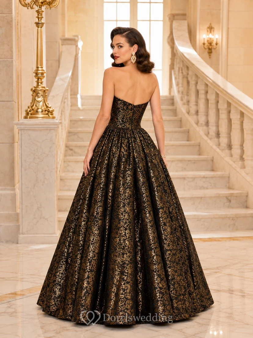 Vintage Black Gold Strapless Floral Brocade Ball Gown view 2