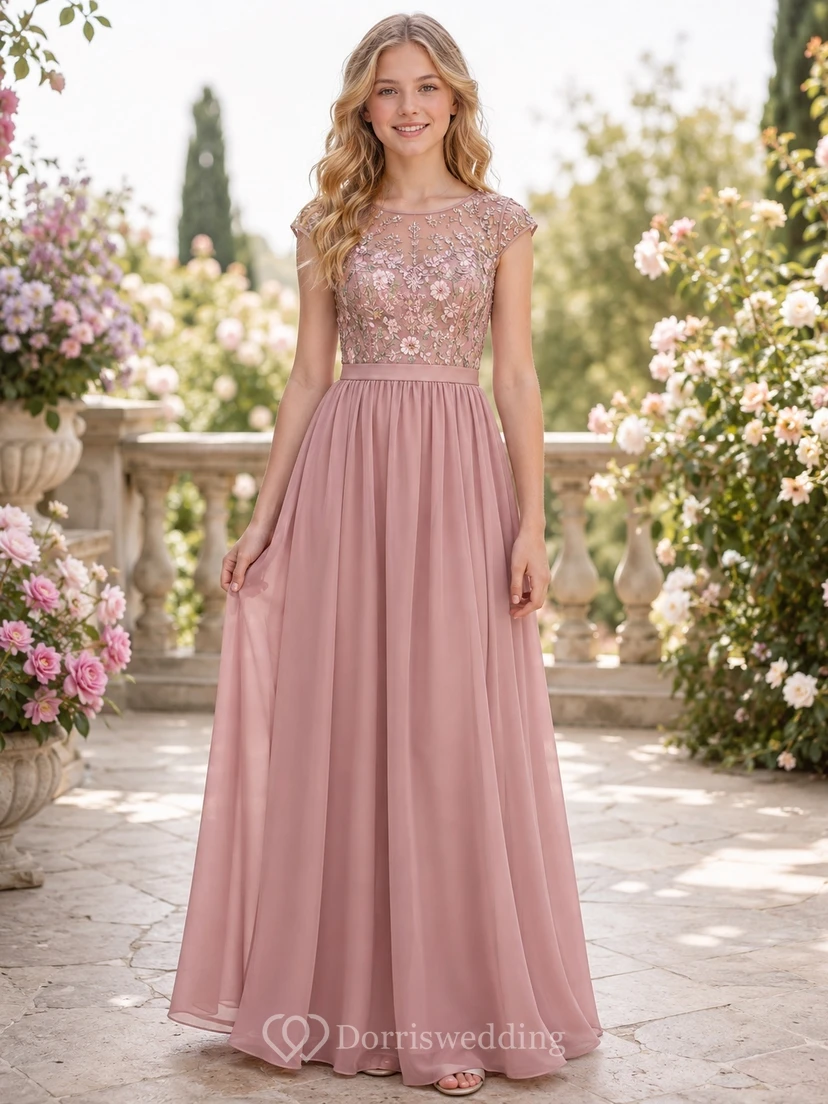 Brautjungfernkleid in Altrosa, A-Linie, kurze Ärmel mit Strasssteinen, Chiffon-Oberteil mit Stickerei, romantisch