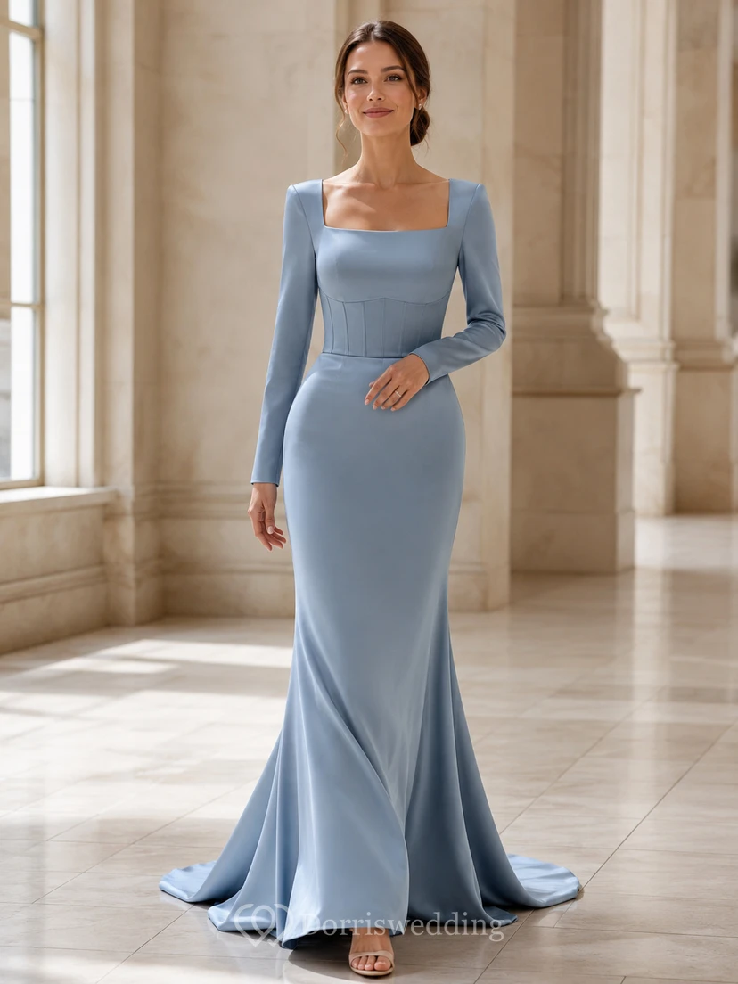 Schieferblaues, modernes Brautkleid aus Satin mit eckigem Ausschnitt, langen Ärmeln und Meerjungfrauenschnitt