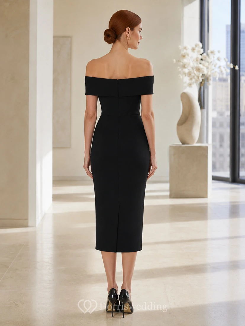 Robe fourreau noire à épaules dénudées, coupe crayon, mi-longue, style moderne citadin view 2