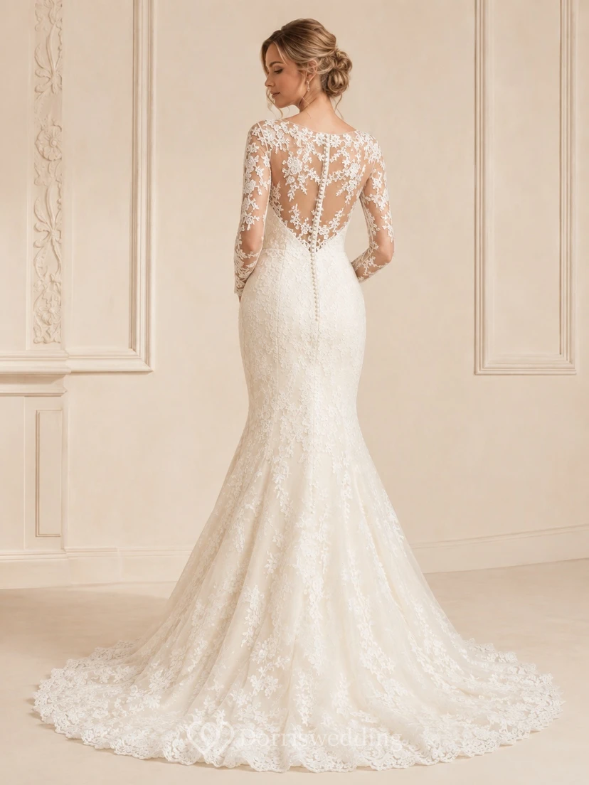 Brautkleid im Meerjungfrauenstil mit langen Ärmeln, Applikationen und Spitze, bodenlang, im Boho-Stil view 2