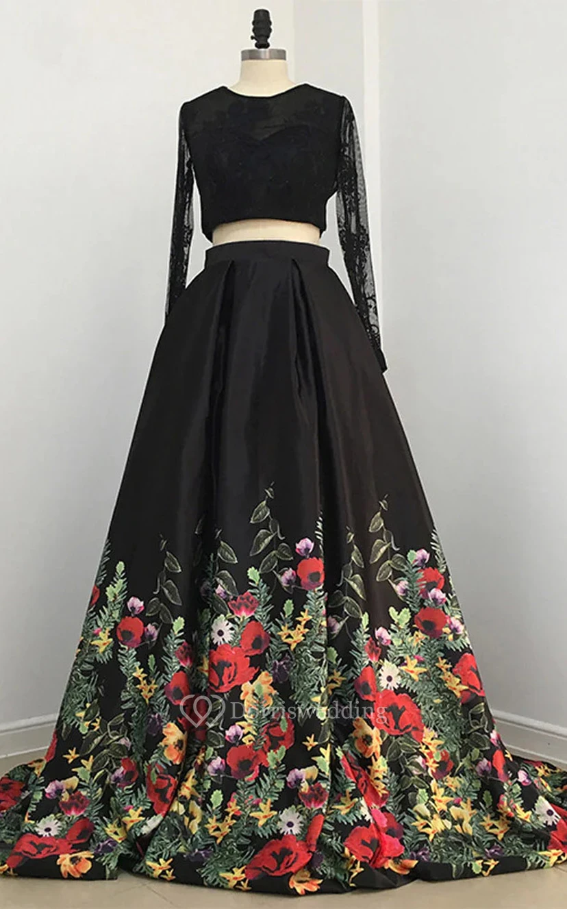 Schwarzes zweiteiliges A-Linien-Abendkleid mit Illusion-Ausschnitt, langen Ärmeln und Schlüssellochausschnitt sowie floraler Stickerei view 3