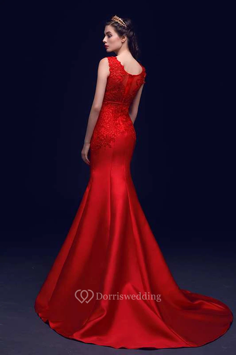 Strapless Scoop Neck Pleated Mermaid Satin Gown With Appliques view 2