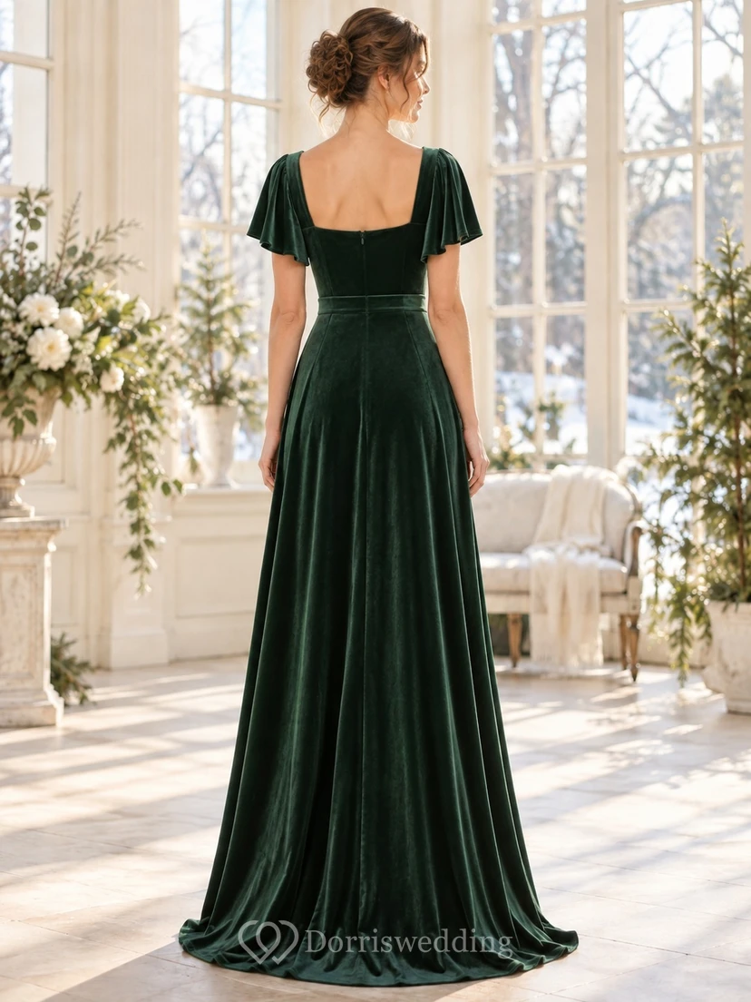 Brautjungfernkleid aus tannengrünem Samt mit eckigem Ausschnitt und flatternden Ärmeln view 2