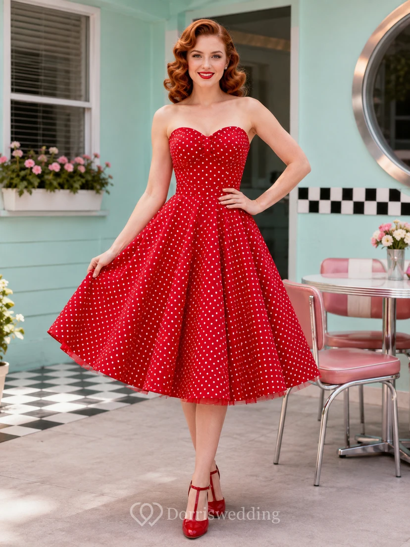 Red Polka Dot Strapless Sweetheart Satin Vintage Tea Cocktail Dress