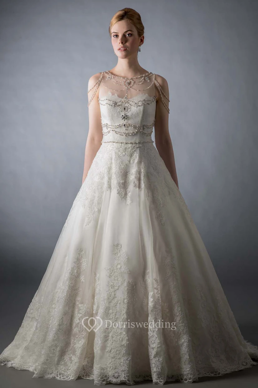 Maxi Scoop Beaded Lace Wedding Dress With Sweep Train And Illusion