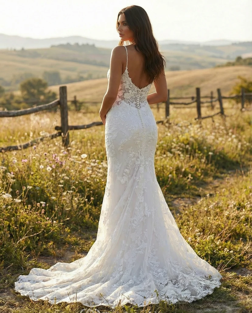 Robe de mariée sirène en dentelle pour maternité, avec fines bretelles et traîne. view 2