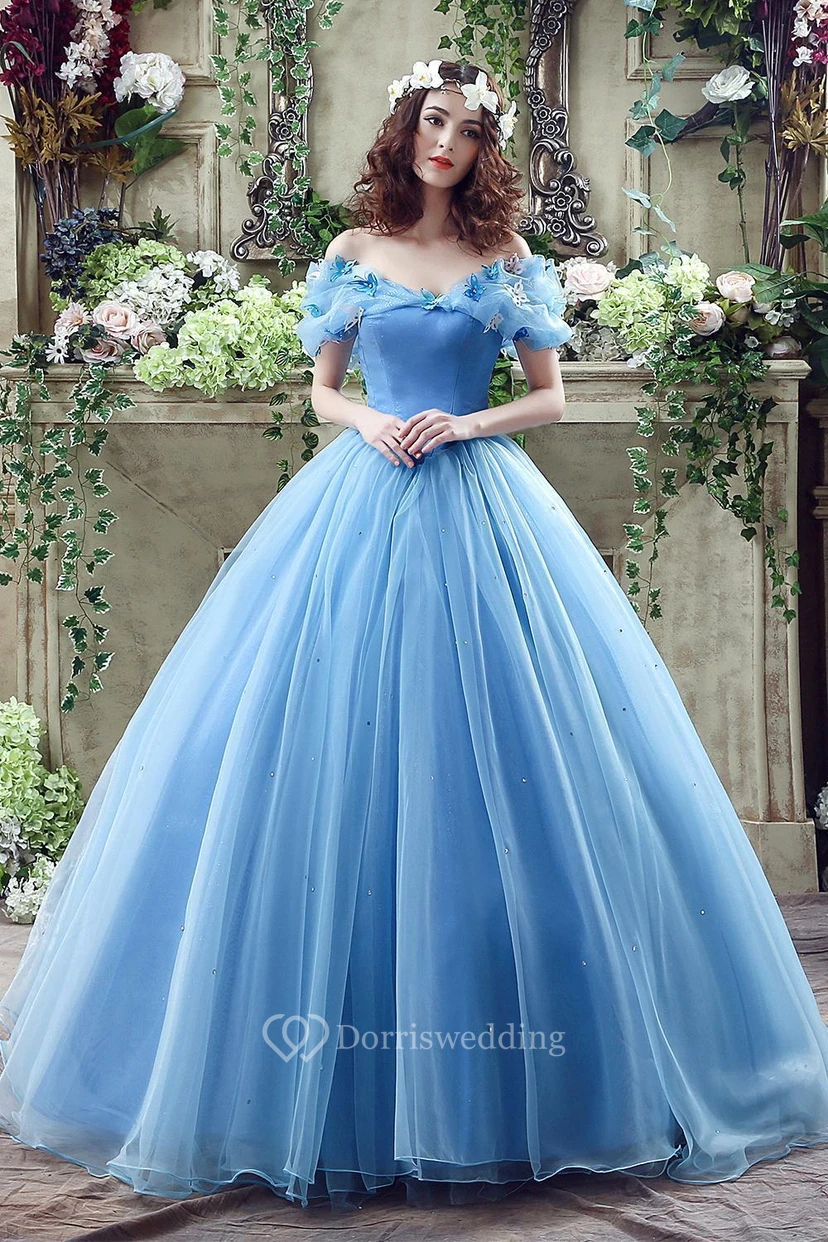 Princess Off-the-Shoulder Sequins Tulle Ball Gown Dress With Flowers