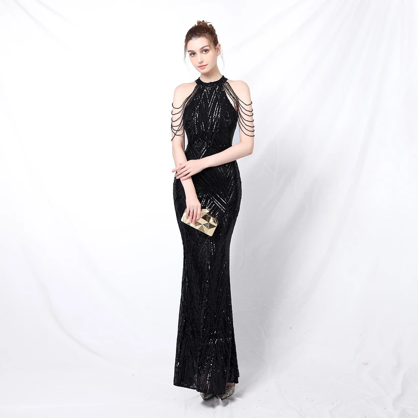 Robe de soirée élégante à col halter et sequins, allure de reine, style banquet, longue robe de soirée sirène à sequins, style star, glamour et décontracté. view 9