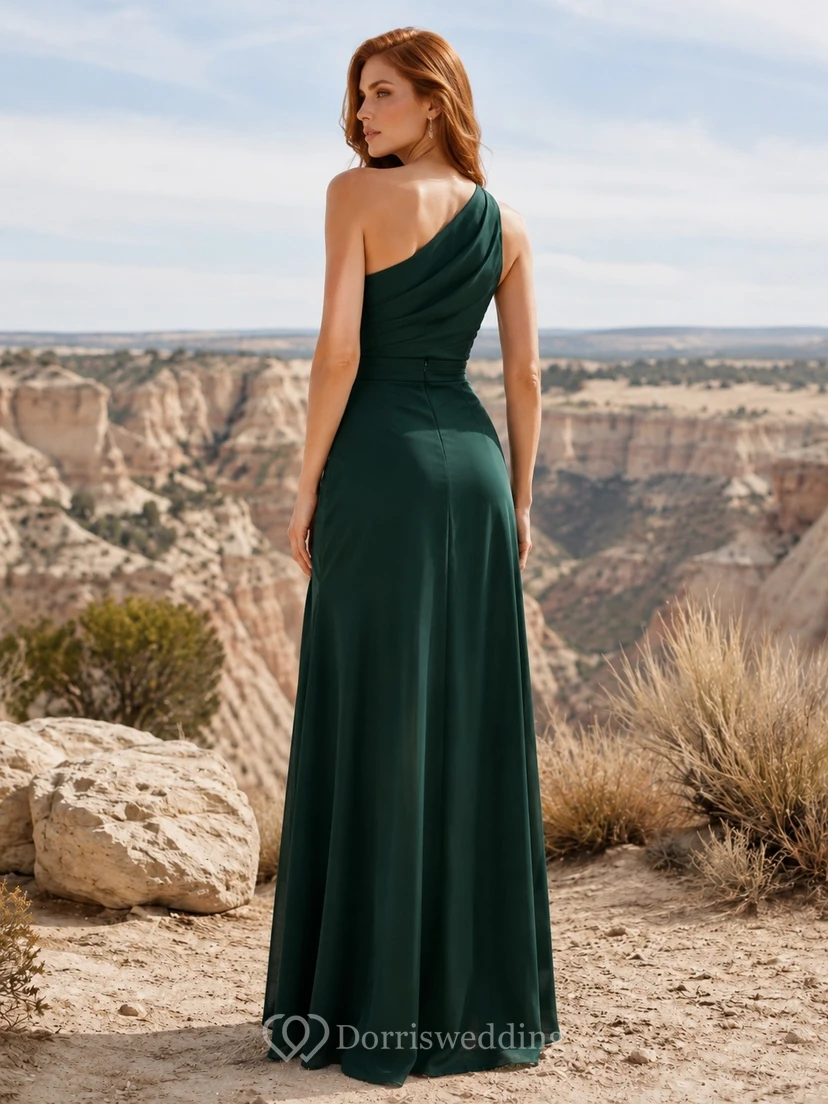 Dark Green One-Shoulder Sleeveless Ruched Slit Floor-Length Satin Mermaid Formal Dress view 2