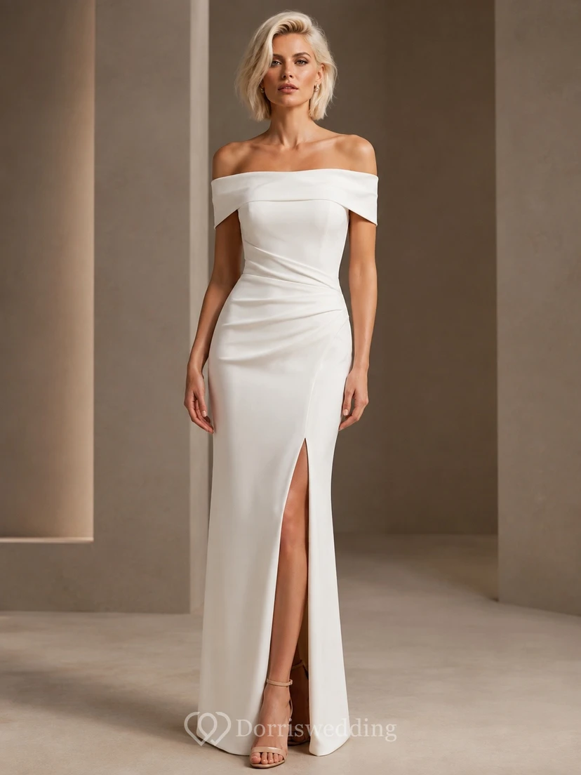 White Satin Off-the-Shoulder Short-Sleeve Sheath Floor-Length Formal Dress