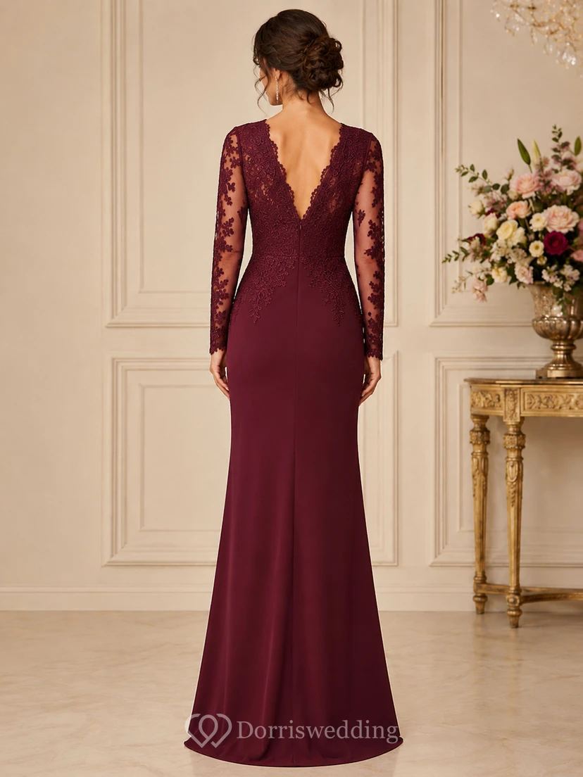 Robe de soirée sirène bordeaux en dentelle à manches longues et col en V view 2