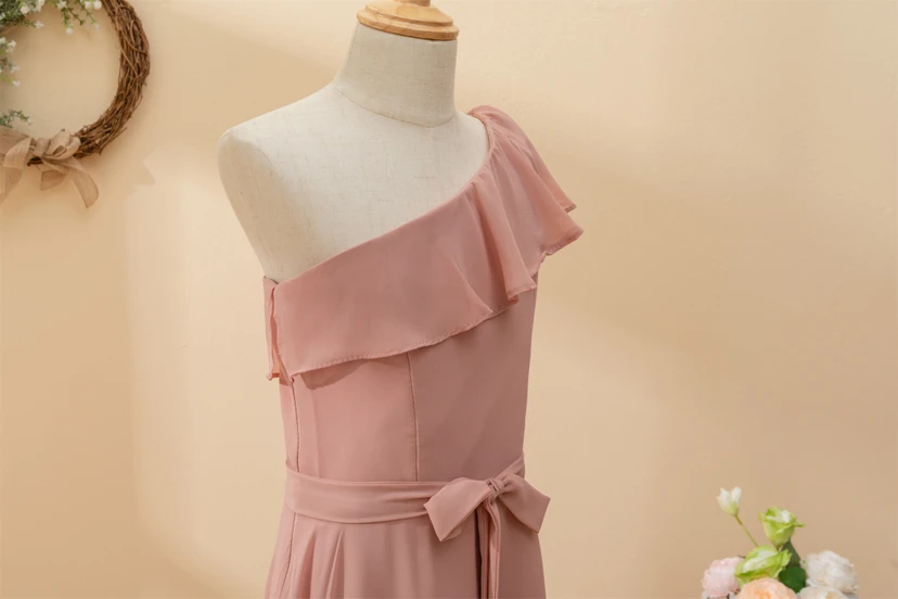 One-shoulder Asymmetrical Chiffon Pleated Floor-length Flowergirl Dress view 7