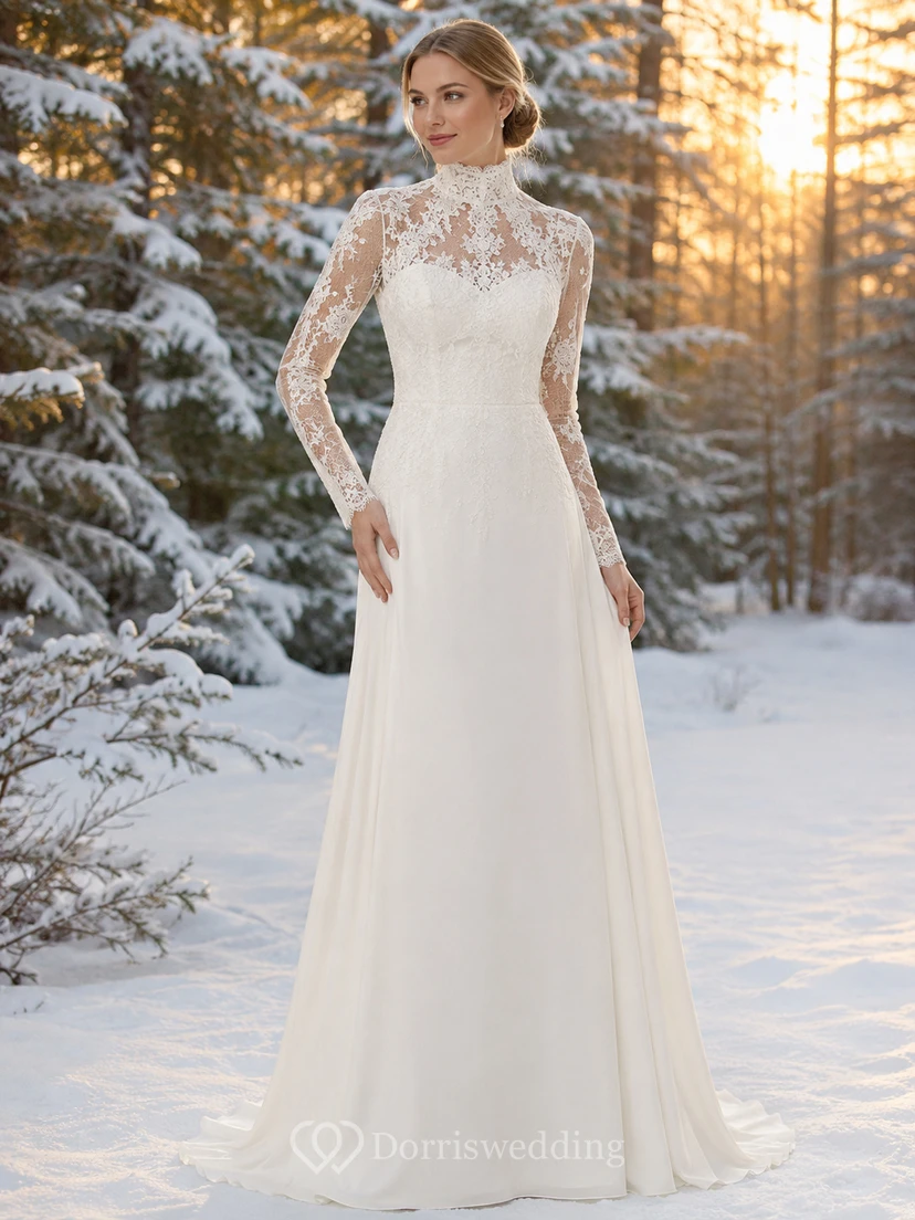 Robe de mariée en mousseline à col montant et manches en dentelle, motif forêt enneigée, pour une fugue amoureuse