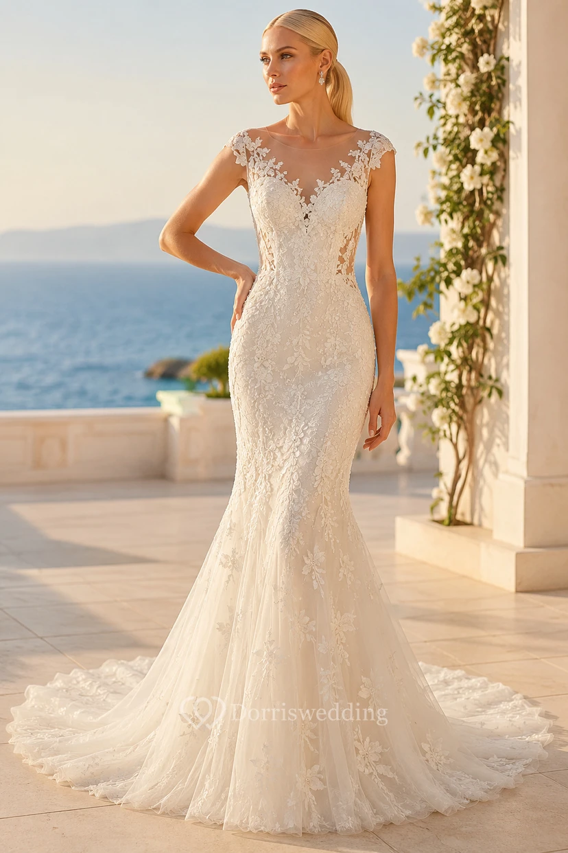 Vestido de novia de sirena color marfil con escote ilusión de encaje y espalda baja.