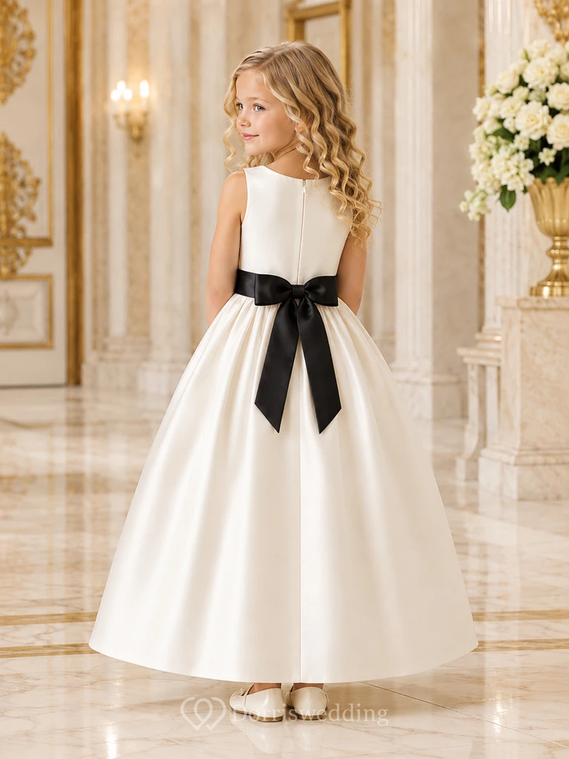 Robe de demoiselle d'honneur noire en satin sans manches, coupe trapèze, longueur thé, avec ceinture noire. view 2