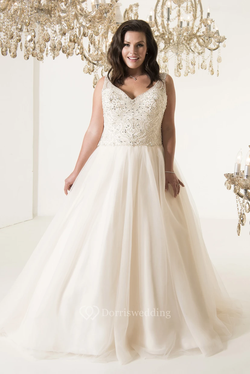 A-Line Floor-Length V-Neck Sleeveless Tulle Court Train Illusion Beading Dress