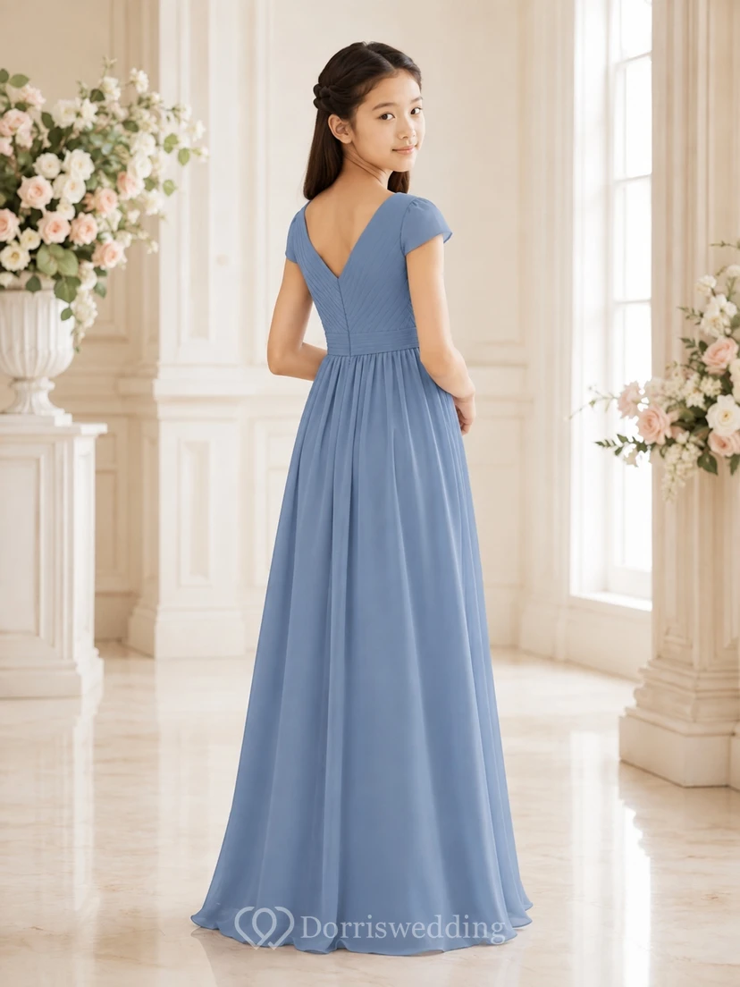 Stahlblaues Brautjungfernkleid für junge Damen, A-Linie, V-Ausschnitt, kurze Ärmel, romantisch view 2