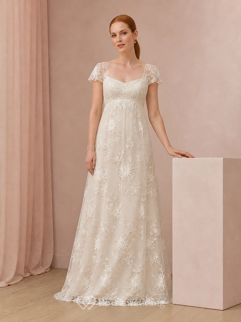 Vestido de novia romántico de encaje con escote cuadrado y mangas cortas estilo imperio