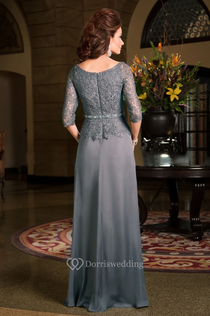 3-4 Sleeved Scoop-Neck Long Mother Of The Bride Dress With Lace Bodice view 2
