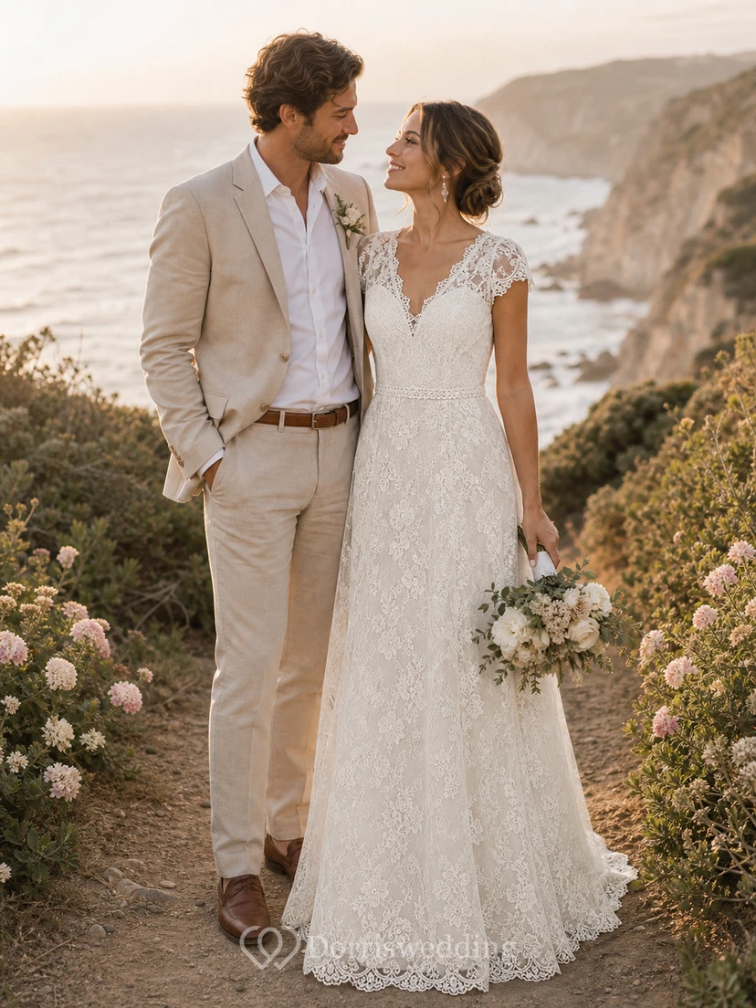Vintage-Hochzeitskleid mit Spitze und Empire-Kappe in Elfenbeinweiß view 2